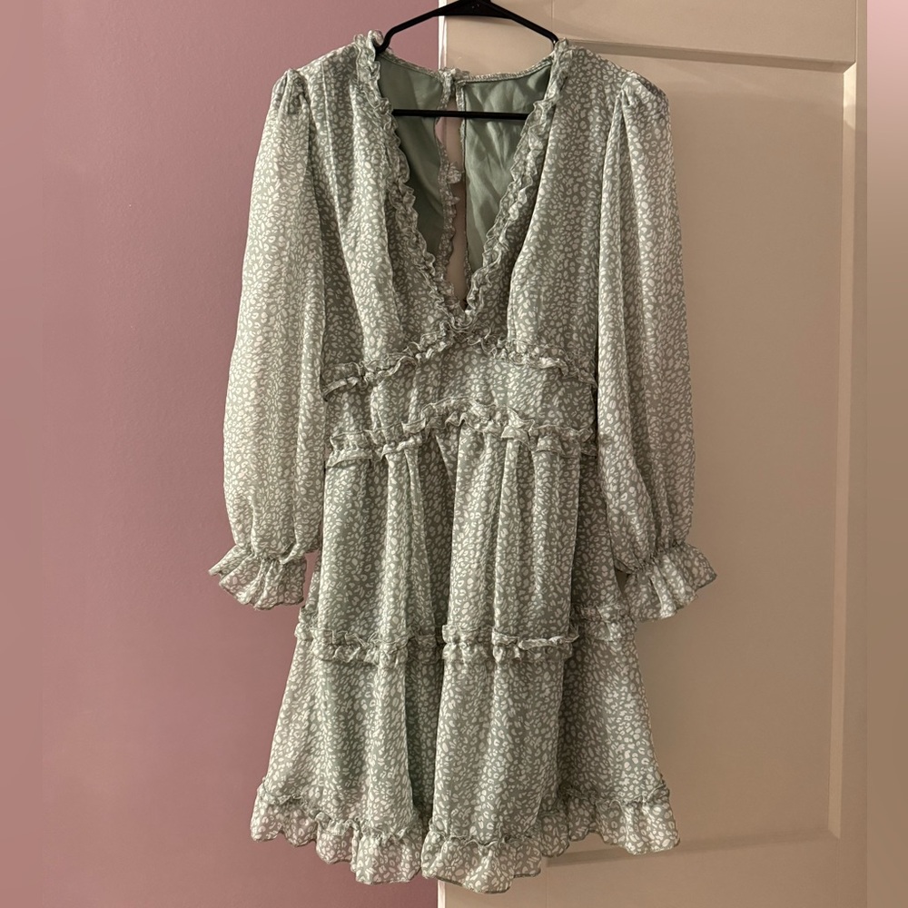 Amazon Green Ruffled Tiered Long Sleeve Dress